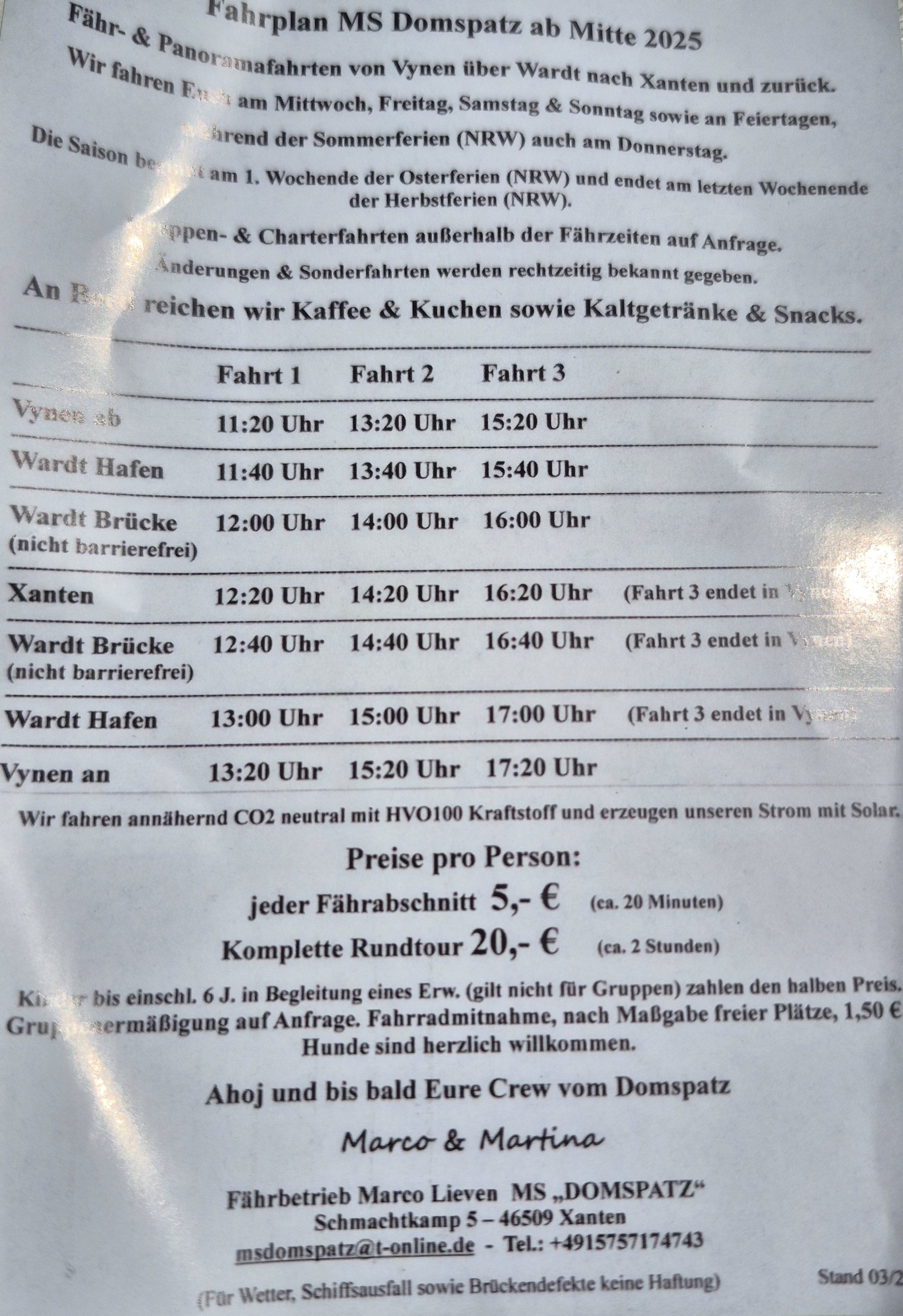 Fahrplan für die weiße Flotte "Domspatz"